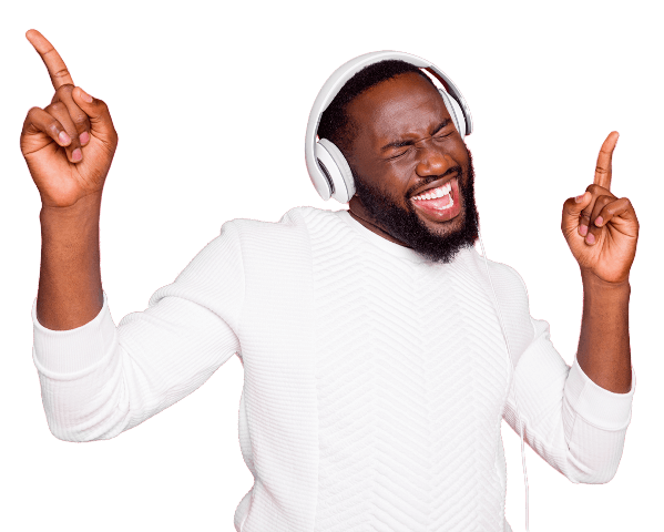 Man in a white shirt and white headphones dancing to music